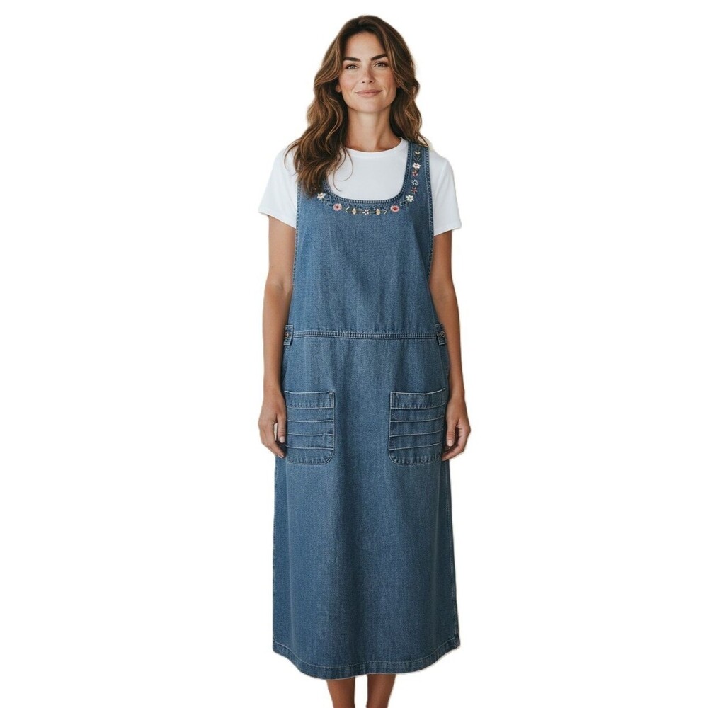 Vtg. 90s Premier International Denim Jumper Dress Floral Embroidery Size Large